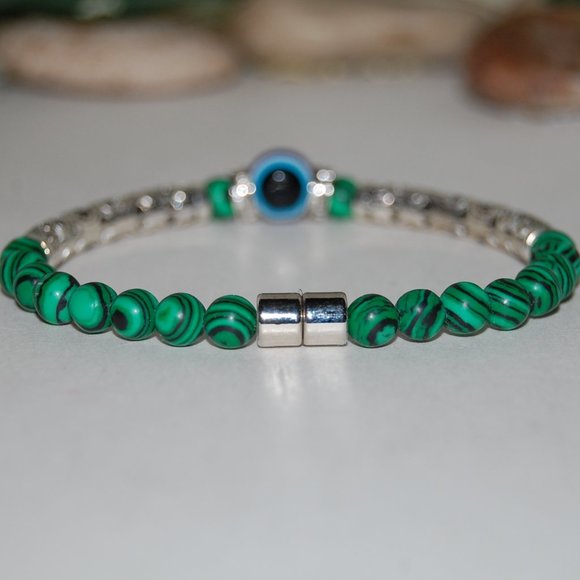Evil Eye Bracelet,Green Bracelet,6mm Beads and Long  Tube Charm,Hamsa Bracelet - Picture 3 of 3